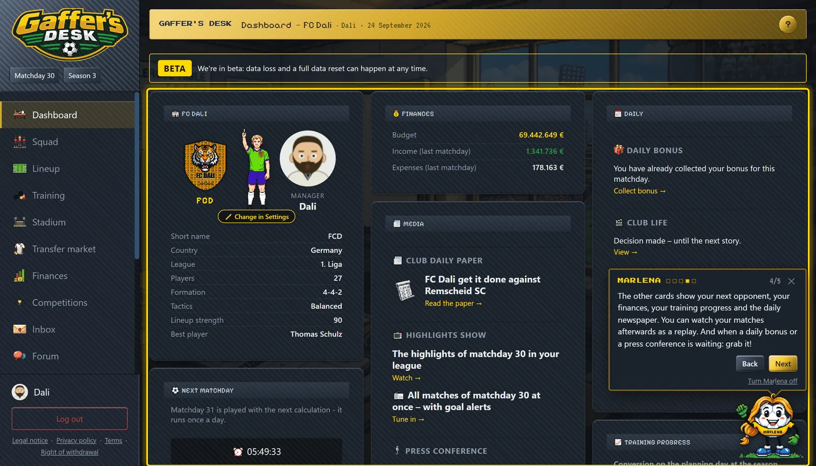 Picture of the “Overview” screen in Gaffer's Desk