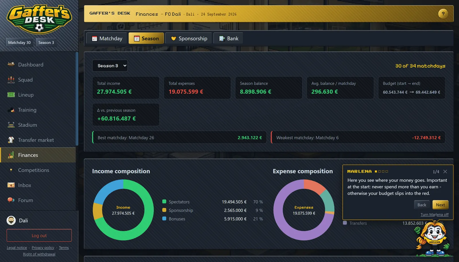 Immagine della schermata «Finanze» di Gaffer's Desk