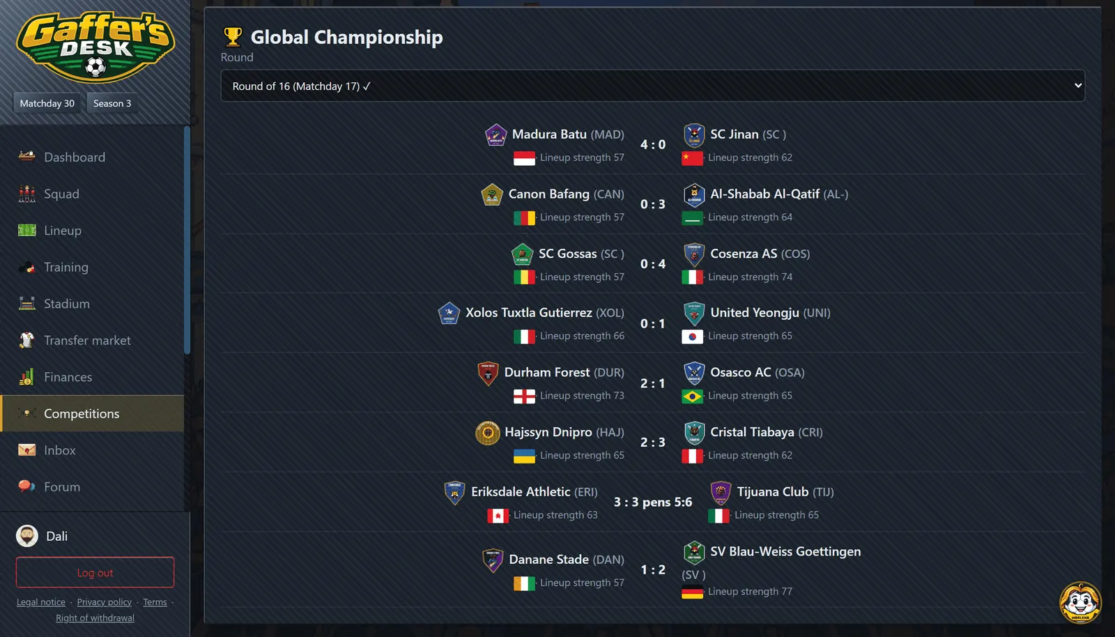 Picture of the “Competitions” screen in Gaffer's Desk
