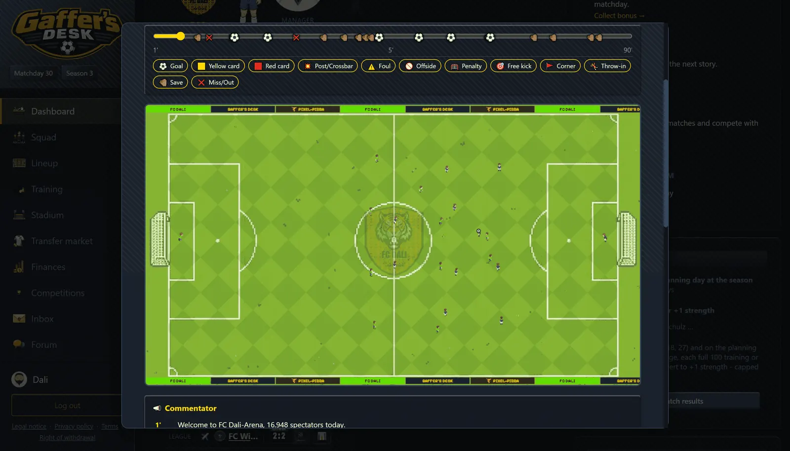 Picture of the “Match analysis” screen in Gaffer's Desk
