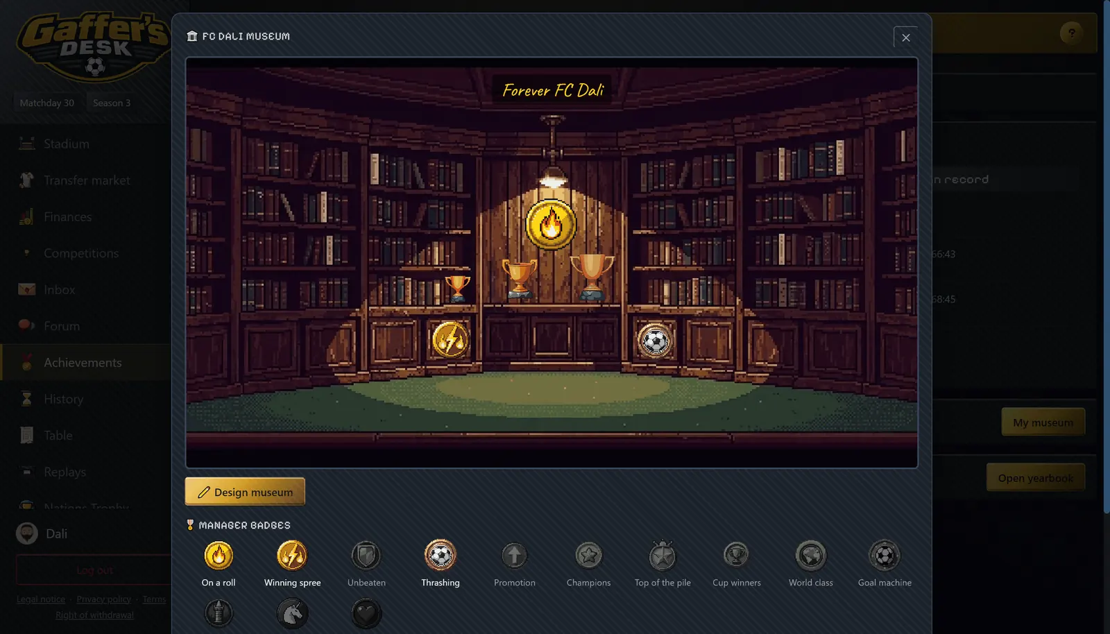 Picture of the “Club museum” screen in Gaffer's Desk